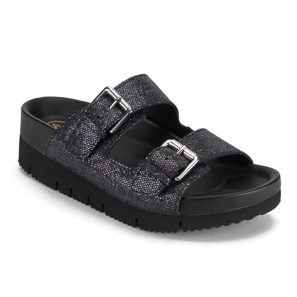 Ash Womens Black Sparkle Double-Buckle Slide Sandals
